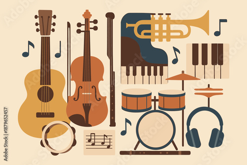 Vector drums musical minimalist including illustration headphones studio collage instruments music composition