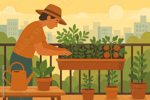 Surrounding vector vegetables city illustration table herbs atmosphere balcony urban gardening creating