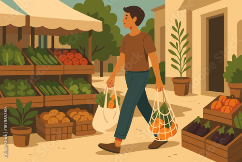 Fresh vector cloth vegetables produce reusable stroll eco casting crates market illustration