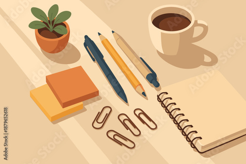 Minimalist notebook creating setup plant vector shadows desk pencils illustration nearby clips