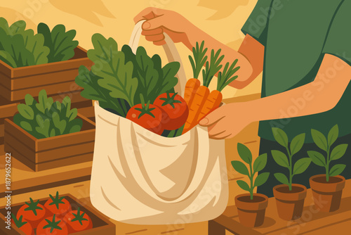 Illustration grocery reusable carrots bag eco leafy friendly greens hands vector plants