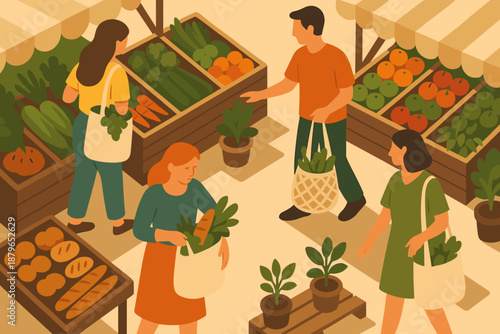 Fresh view eco aerial crates people colorful plants vector market scene potted