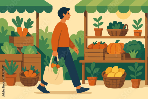 Highlighting reusable organized illustration market bag person vector stroll wooden potted eco