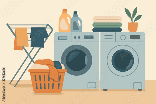 Rack towels small room composition concept essentials illustration vector laundry bottles