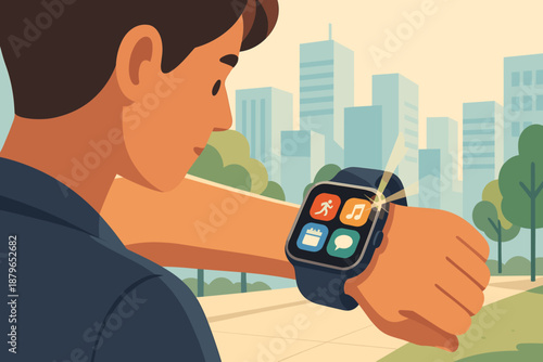 Person background apps environment modern icons vector smartwatch overview illustration music calendar