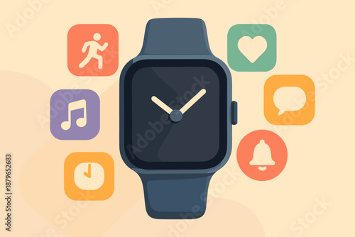 Icons calendar smartwatch reflections including music vector app illustration flat health tech