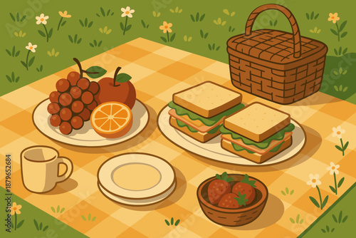 Basket area vector flowers simple bliss fruits cups blanket picnic illustration small