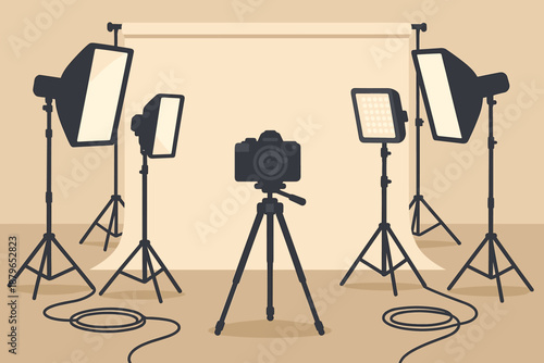 Lights photography studio bright floor vector cords shadows stands illustration holding arranged