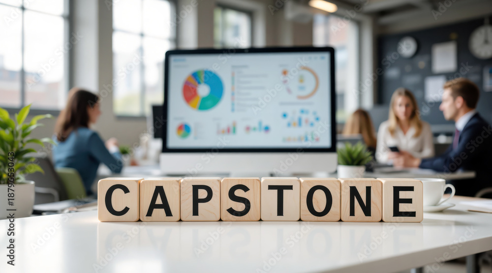 Fototapeta premium Capstone project presentation summarizing research results and analytics, final deliverable for university program assessment with data review guiding a senior team project defense and grading