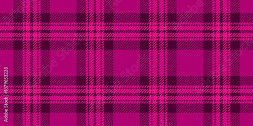 Cool vector textile fabric, woven plaid background check. Quilted pattern seamless tartan texture in pink and dark colors.