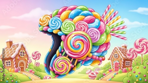 Colorful Candy Cloud Over Sweet Village Scene.