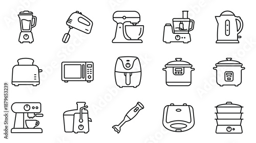 Set of kitchen appliances line icons on transparent background