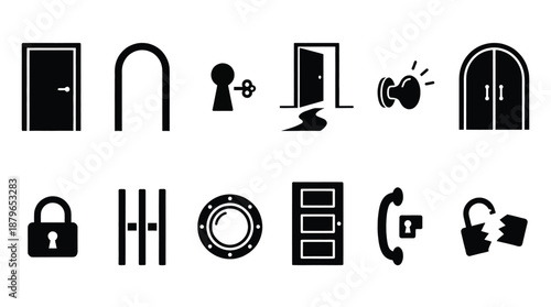 Door entrance and locking hardware icons set with gate handle keyhole and security symbols