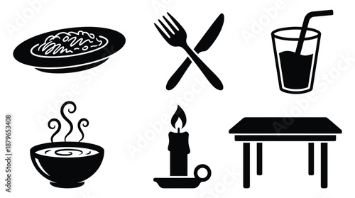 Dinner table setting with food and drink for restaurant service