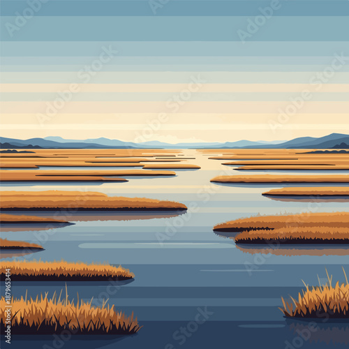 Digital illustration of a serene wetland landscape with winding waterways and golden grassy islands under a blue sky with distant mountains.