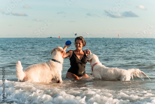 Photography Woman playing with golden retriever dogs beach vacation