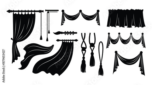 Black silhouette curtain icons set isolated on transparent background textile window coverings collection
