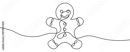 Gingerbread man in one line art style. Contour drawing of a gingerbread man made with one continuous line, with black editable stroke