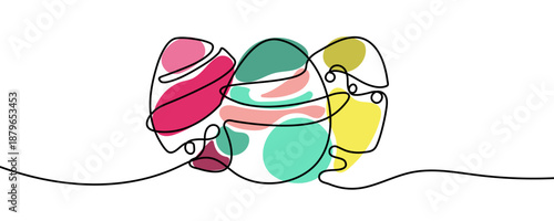 Easter eggs in one line art style. Drawing of three eggs made with a continuous black line, complemented by bright abstract spots of colors