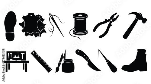 Set of shoemaker tools and equipment icons black silhouettes isolated on transparent background crafting essentials