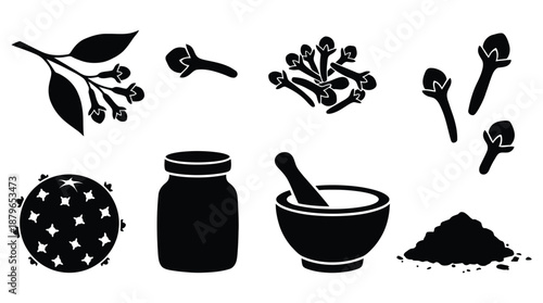 Collection of clove spice elements for cooking aromatherapy herbal medicine background