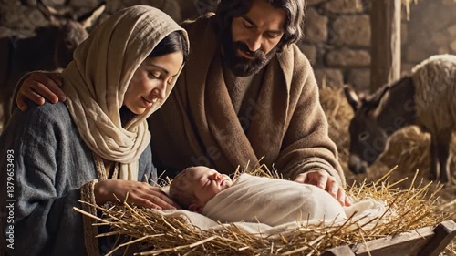 Sacred Family in Nativity Scene: A depiction of the holy family in a humble manger, embracing the miracle of birth, with expressions of serenity, peace, and spiritual wonder.