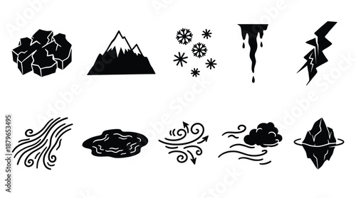Weather and nature icons set including mountains snow wind lightning and iceberg symbol