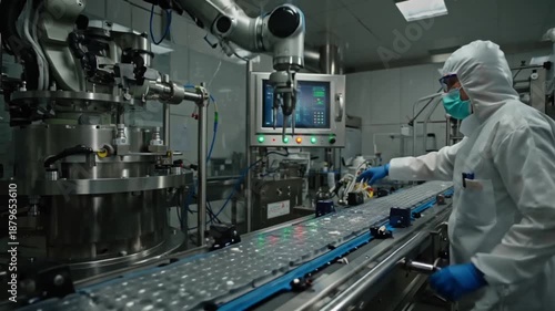 4K cinematic stock video pharmaceutical clean room, automated tablet production line robotic arms moving precisely, worker sterile protective suit monitoring digital control panels, close-up robotic
