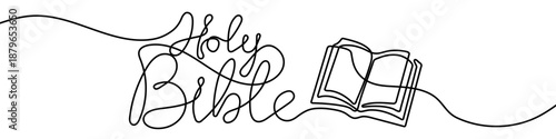 Holy Bible in one line art style. Drawing of an open book and calligraphic text "Holy Bible" made with one continuous line, with black editable stroke