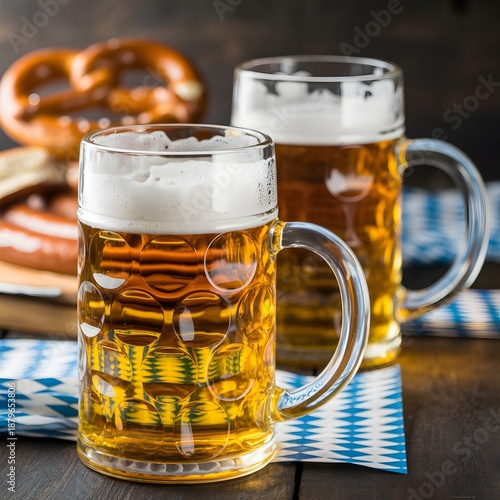 Traditional German Oktoberfest celebration with two mugs of lager beer large pretzel and sausages on a rustic wooden table
