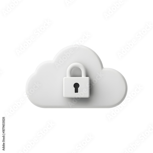 Modern 3D white cloud with silver padlock icon for secure data storage cloud computing network security and private information
