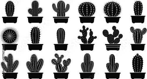 Cactus silhouette collection, potted plants, black vector icons, desert flora, botanical shapes, minimal design, succulent clipart, nature illustration, white background