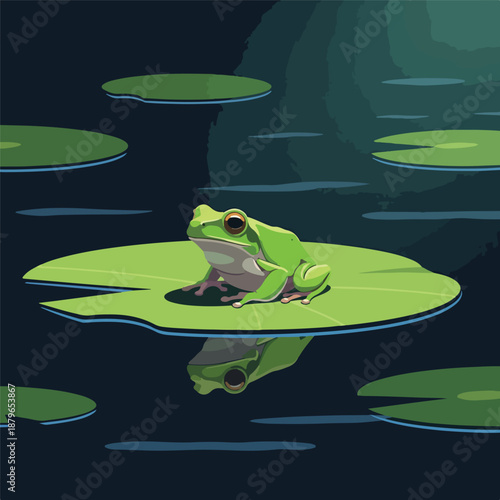 A green frog sitting on a large lily pad in a serene body of water with several other lily pads and a dark background.