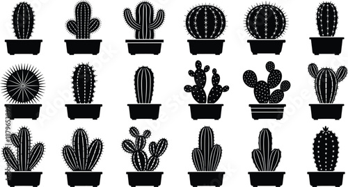 Cactus silhouette bundle, potted plants, black vector icons, desert flora, botanical shapes, minimal design, succulent clipart, nature illustration, white background
