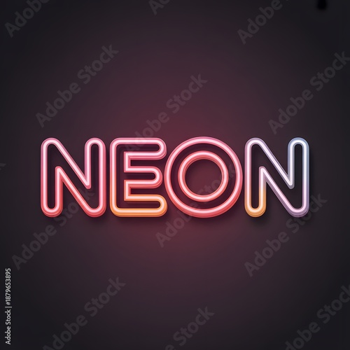 Vibrant 3D neon sign text spelling NEON with colorful pink orange and blue glowing tubes on dark purple background

