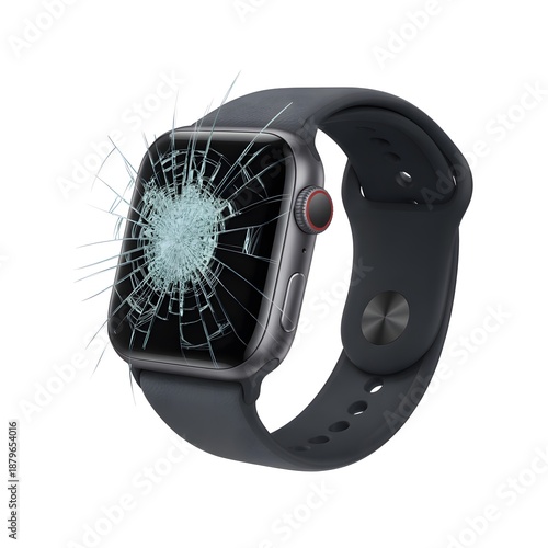 Broken smartwatch with heavily shattered cracked screen glass and dark black silicone band isolated on white background for electronics
