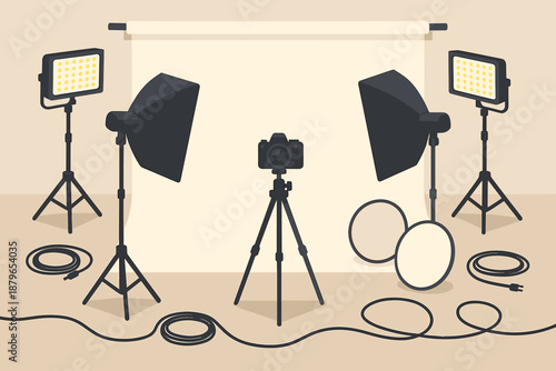 Panels arranged illustration studio floor lighting reflectors vector tripod organized setup