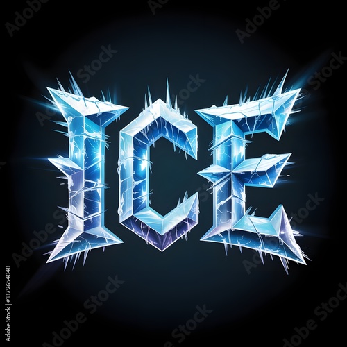 Sharp spiky 3D ice word text logo with glowing blue crystals and cracked frozen texture isolated on black background
