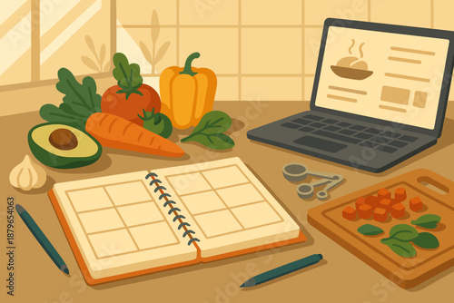 Side open meal vector laptop weekly recipe vibrant sunlight planning illustration colorful