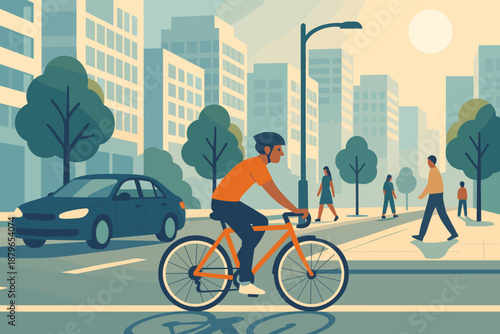 Sidewalk urban cars vector s streetlights walking cyclist illustration lane buildings city