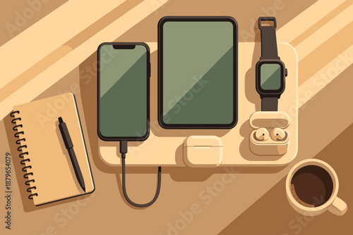 Notebook gadget vector illustration surfaces pen earbuds station organized view cup charging