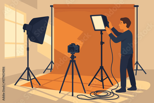 Studio panel artificial light floor vector modern adjusting tripod illustration photography neatly