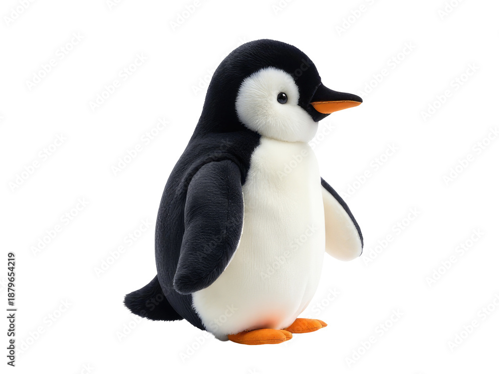 Fototapeta premium A stuffed penguin sitting on a white surface, suitable for use in illustrations or design
