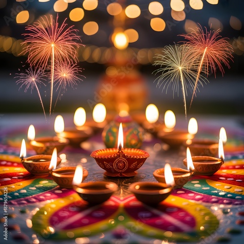Beautiful Diwali celebration with traditional clay oil lamps diyas on colorful rangoli pattern with festive fireworks and bokeh lights
