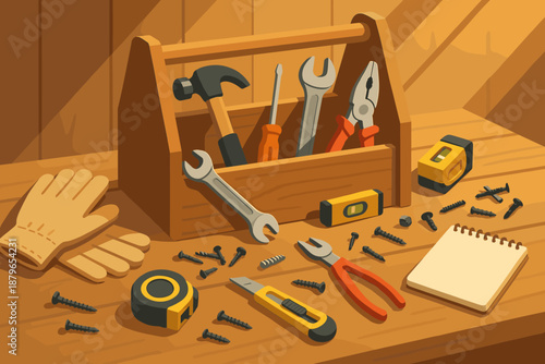 Illustration screws wrench utility wooden level tape essentials simple toolbox vector workshop