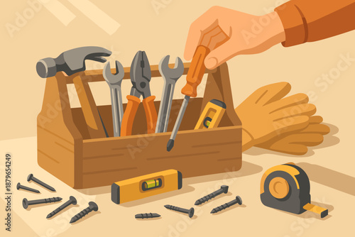 Small utility hammer simple sunlight vector level illustration tape essentials toolbox screws
