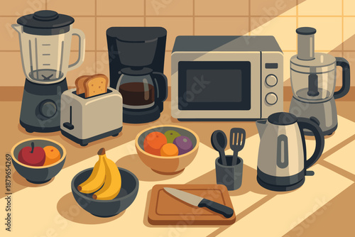Vector food illuminating fruit maker modern utensils kitchen kettle countertop blender illustration