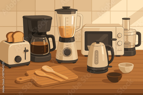 Microwave collection coffee sunlight blender kitchen food toaster vector bowls illustration maker