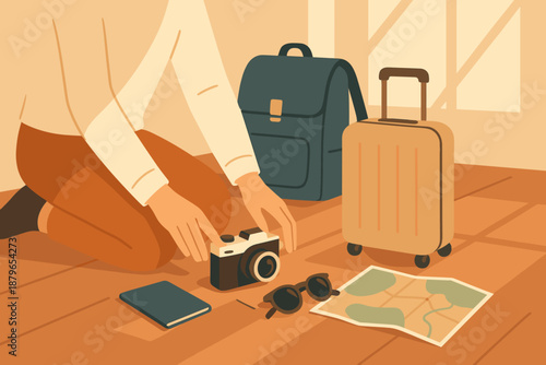 Vector backpack passport prep scene weekend streaming illustration floor camera map travel