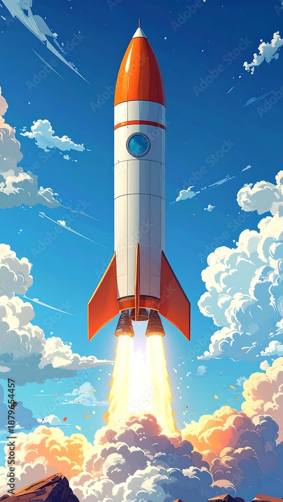 Fototapeta premium A rocket blasts off into a blue sky with fluffy white clouds